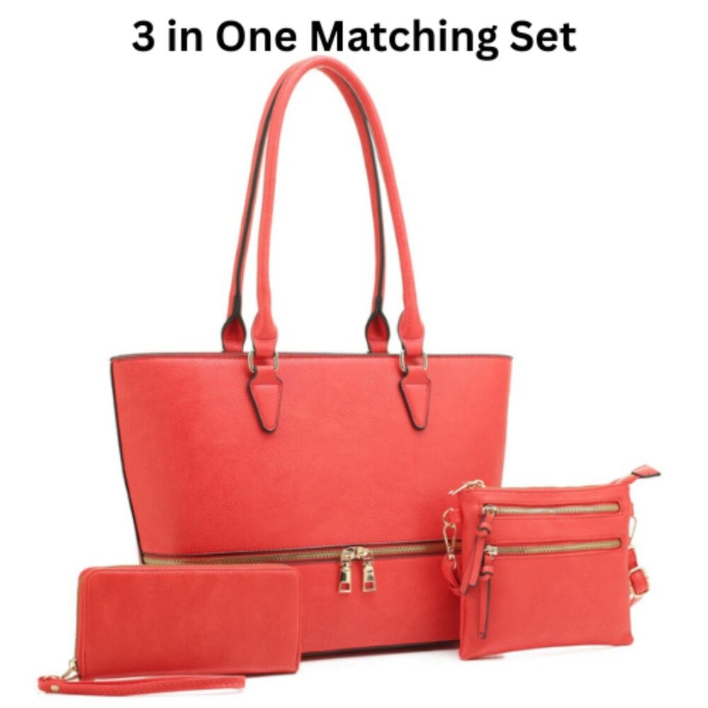 3-IN-1 Coral Red Premium Tote - Crossbody & Wallet Set Package